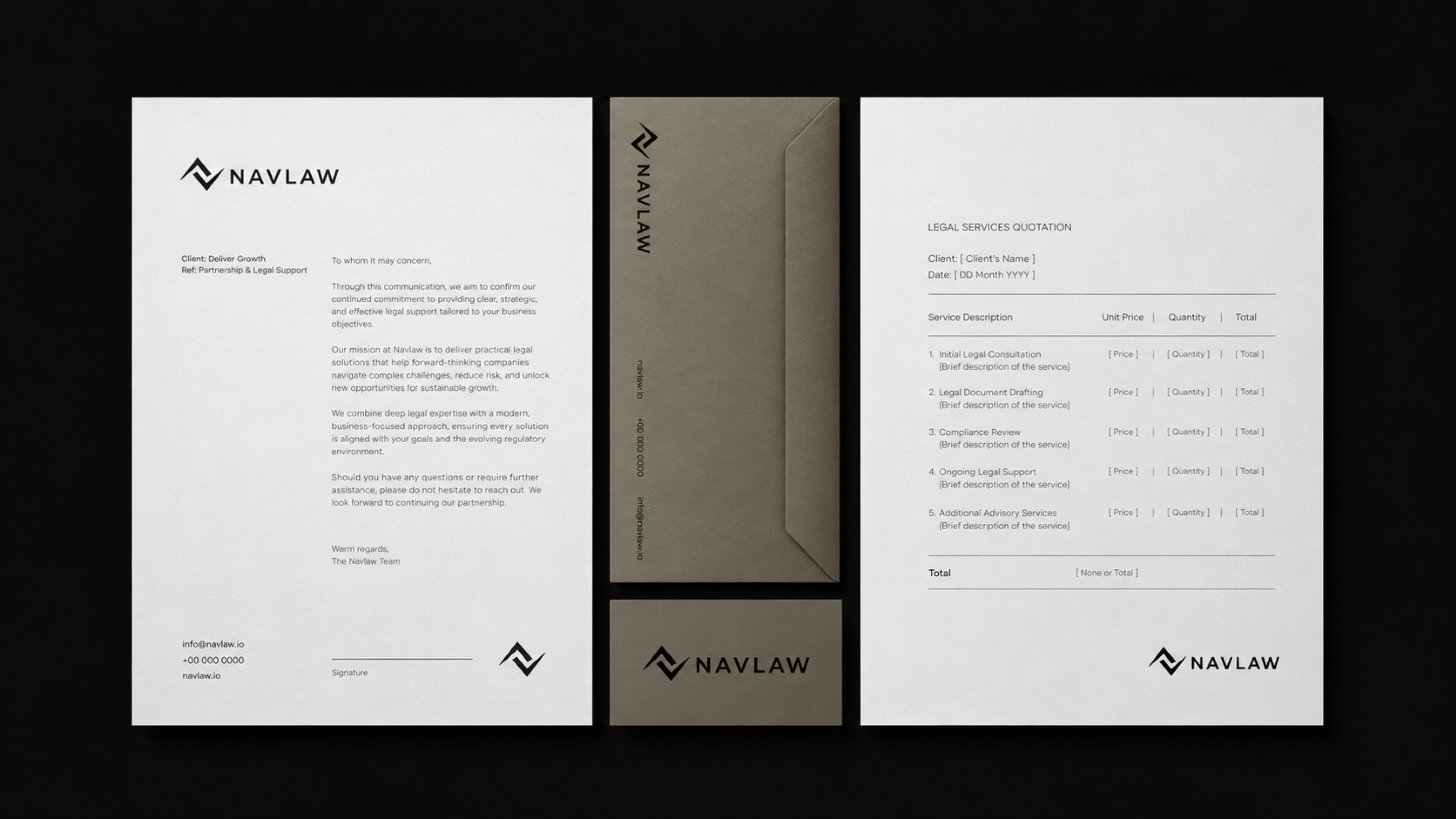 NAVLAW stationery system flat lay — letterhead, branded premium envelope, and legal services quotation template displayed together on black background, complete law firm stationery suite