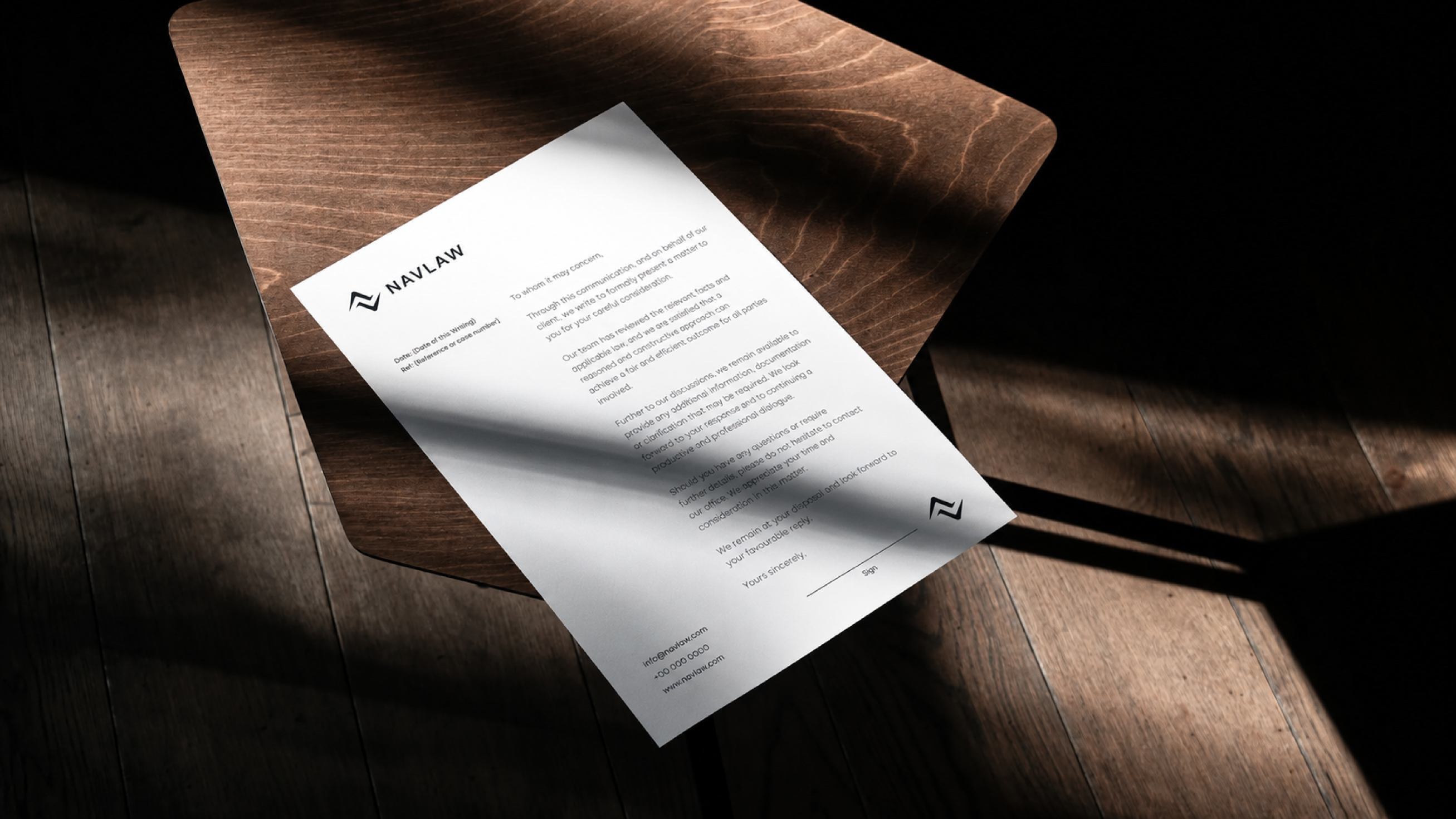 NAVLAW law firm letterhead close-up on dark wood surface with dramatic side-light — formal legal correspondence showing the complete stationery system header and footer