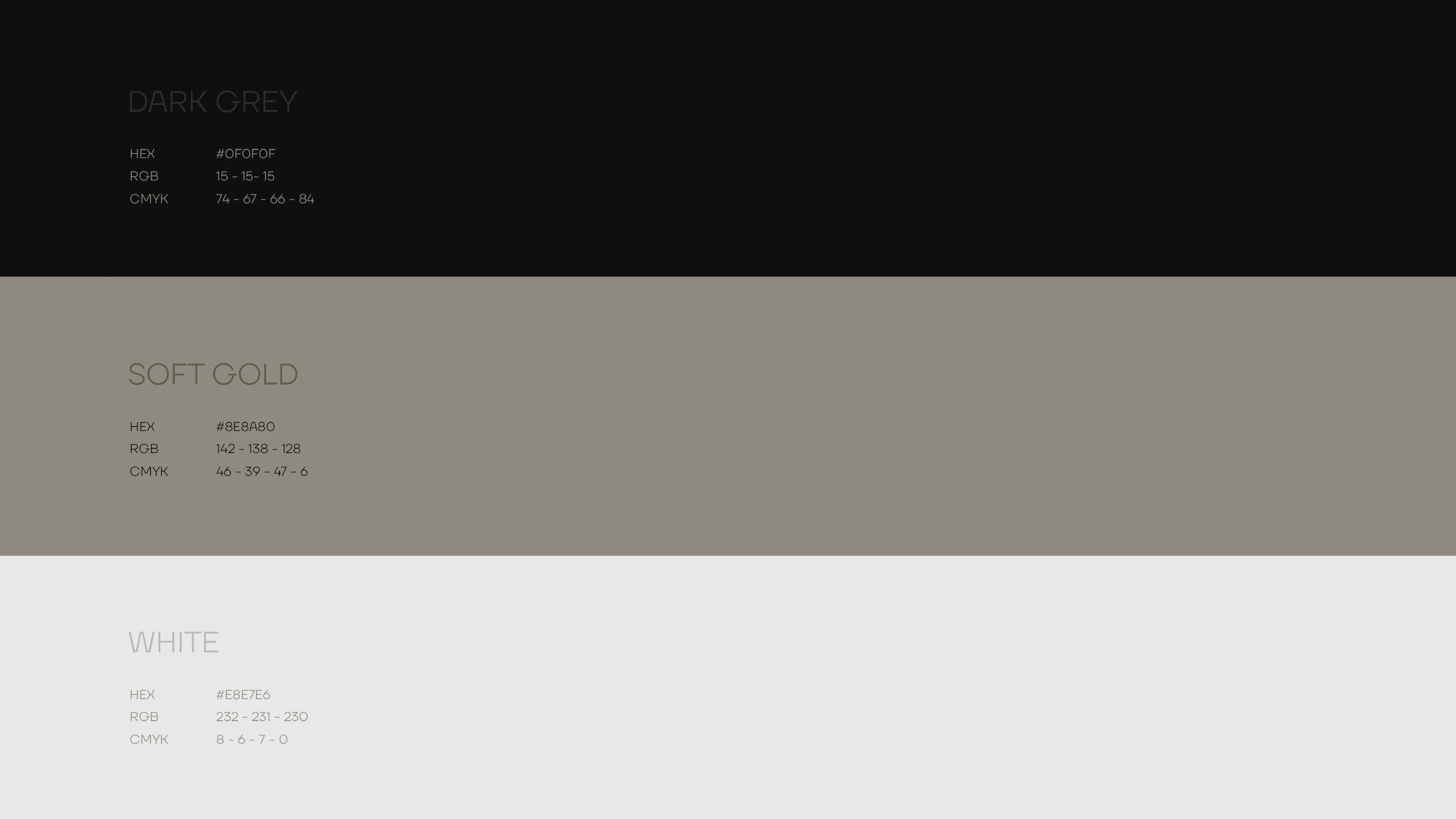 NAVLAW brand colour system — three horizontal colour fields showing Dark Grey (#0F0F0F), Soft Gold (#8E8A80), and Off-White (#E8E7E6) with HEX, RGB, and CMYK specifications
