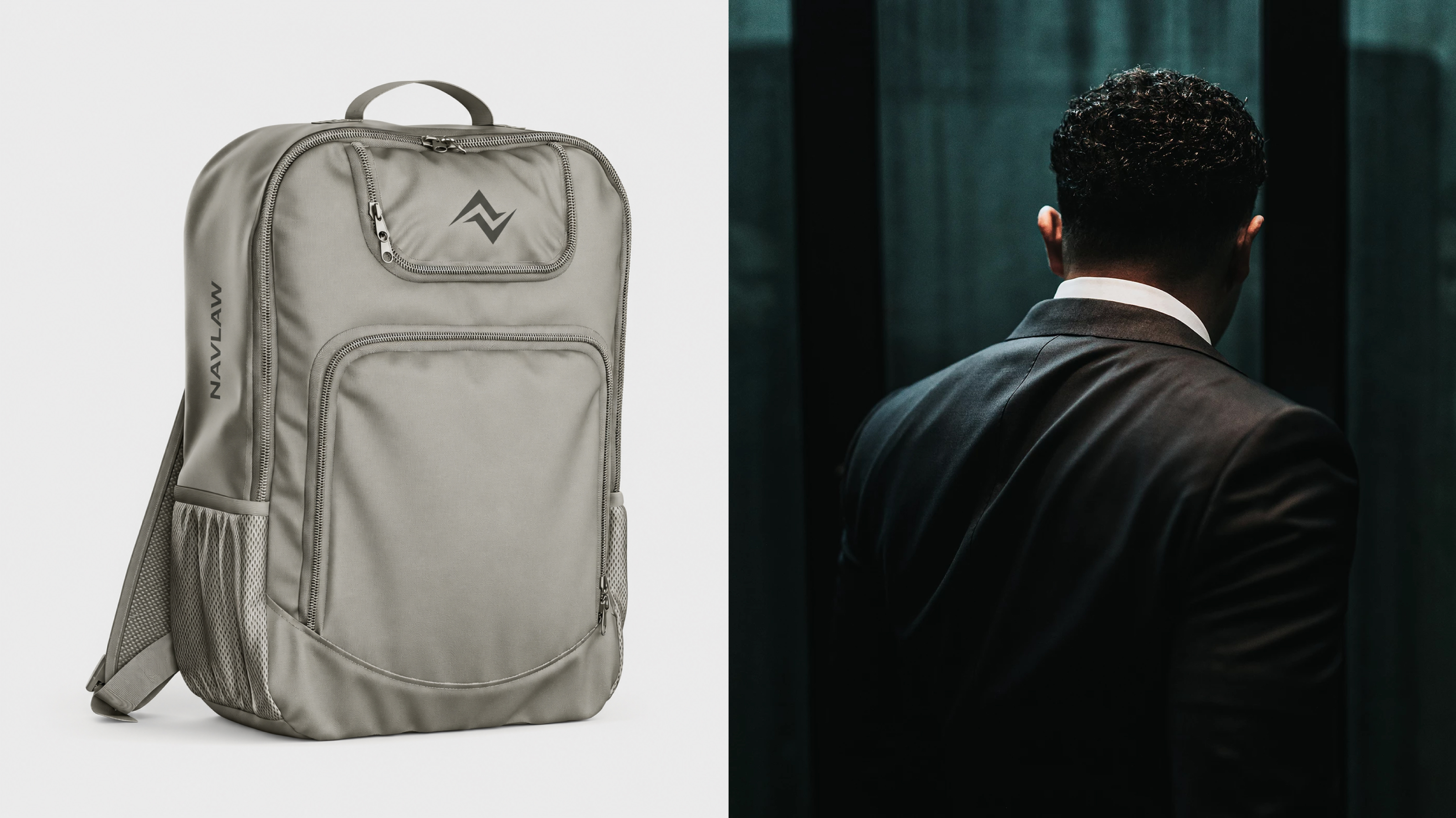 NAVLAW branded merchandise — Soft Gold backpack with NAVLAW logomark on front pocket and NAVLAW wordmark on side panel, paired with a professional male figure in dark suit jacket standing in a dramatic low-light environment