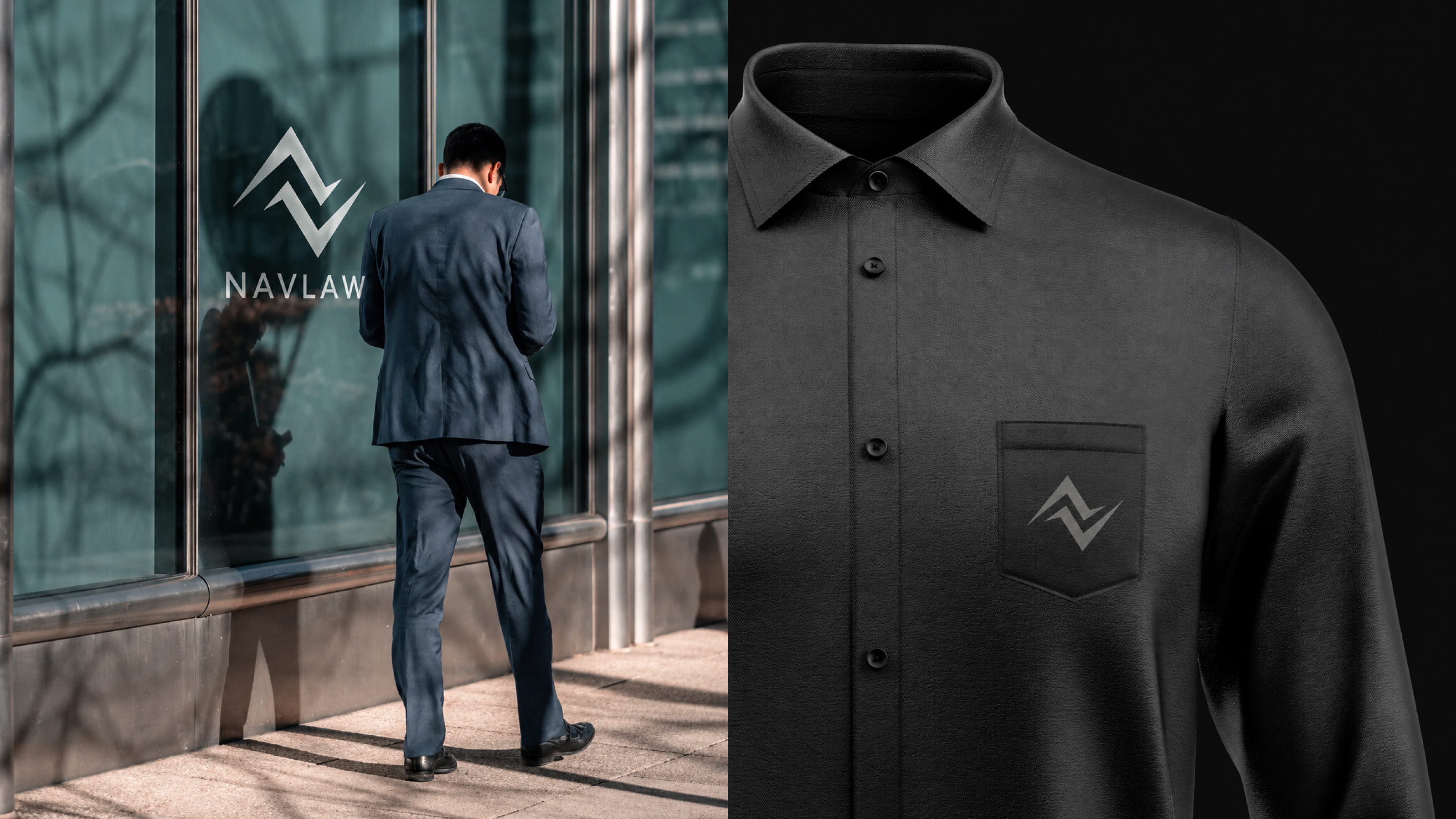 NAVLAW environmental signage and staff uniform — attorney in navy suit approaching glass office building with NAVLAW etched combination mark on the facade, alongside a dark button shirt with the NAVLAW logomark embossed on the breast pocket