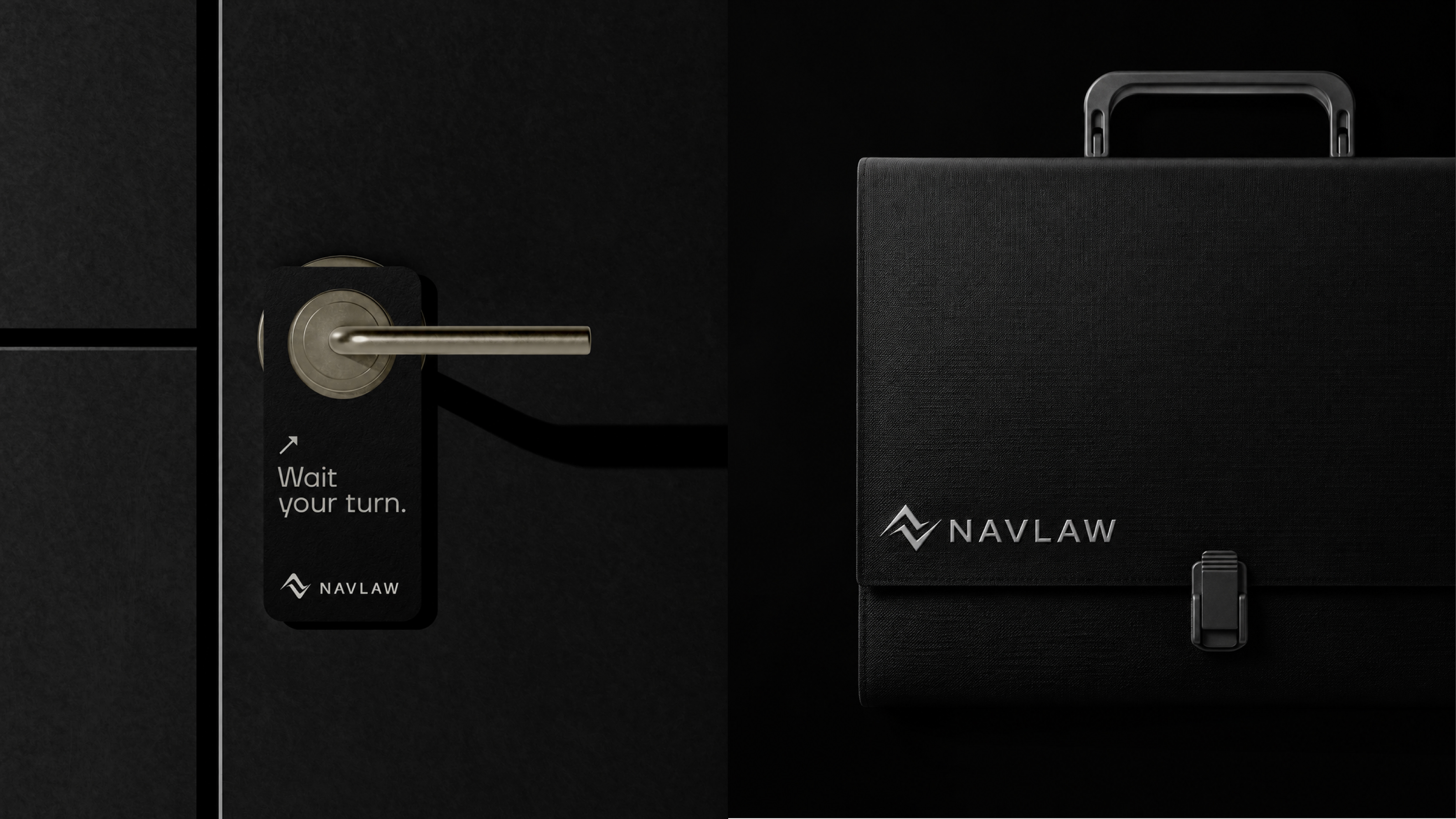 NAVLAW legal collateral — branded black briefcase with NAVLAW combination mark on the front panel, alongside a black door hanger reading "Wait your turn." with the NAVLAW logo at the base, both photographed on a dark architectural surface